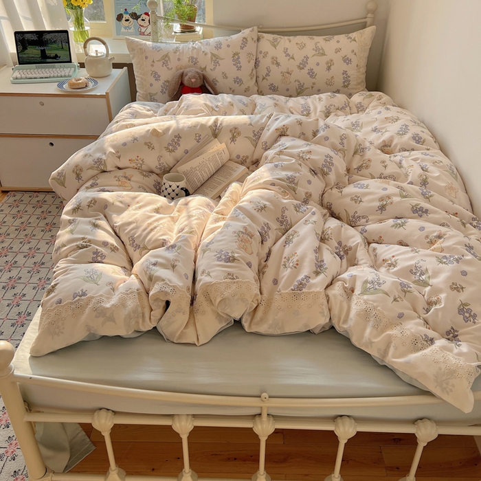 91家纺网 家纺一手货源 找家纺 慕澄家纺 2026新款双层纱针织棉蕾丝花边四件套 花环小兔