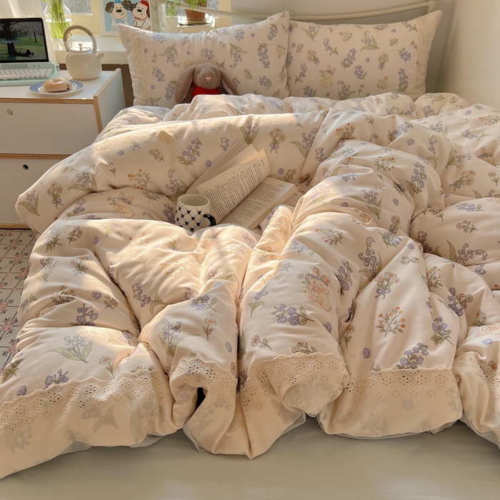 91家纺网 家纺一手货源 找家纺 慕澄家纺 2026新款双层纱针织棉蕾丝花边四件套 花环小兔