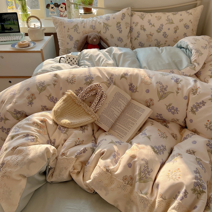 91家纺网 家纺一手货源 找家纺 慕澄家纺 2026新款双层纱针织棉蕾丝花边四件套 花环小兔