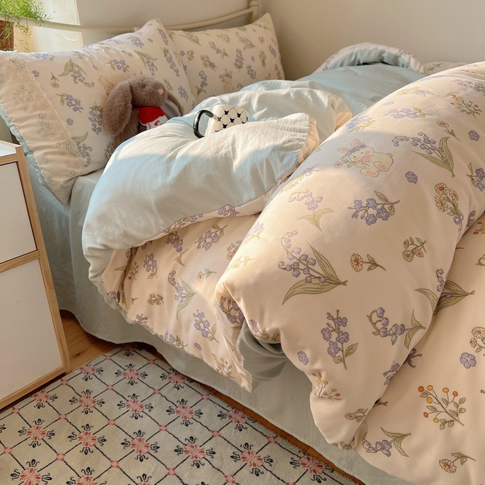 91家纺网 家纺一手货源 找家纺 慕澄家纺 2026新款双层纱针织棉蕾丝花边四件套 花环小兔