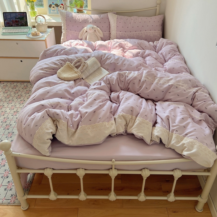 91家纺网 家纺一手货源 找家纺 慕澄家纺 2026新款双层纱针织棉蕾丝花边四件套 蕾丝蝴蝶结