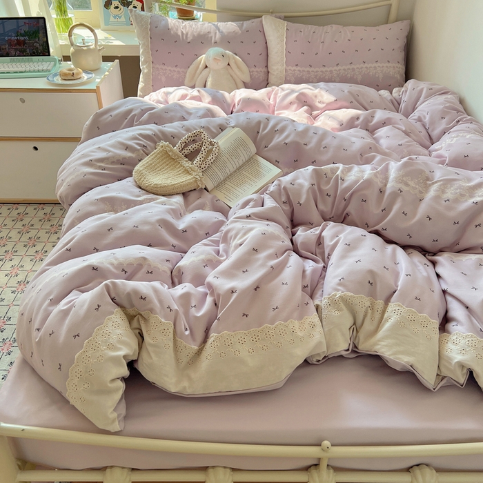 91家纺网 家纺一手货源 找家纺 慕澄家纺 2026新款双层纱针织棉蕾丝花边四件套 蕾丝蝴蝶结