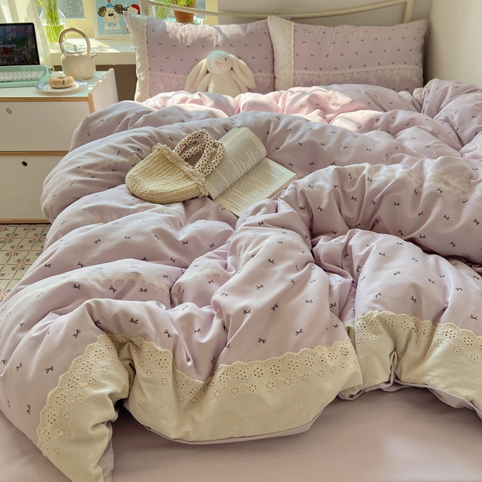 91家纺网 家纺一手货源 找家纺 慕澄家纺 2026新款双层纱针织棉蕾丝花边四件套 蕾丝蝴蝶结