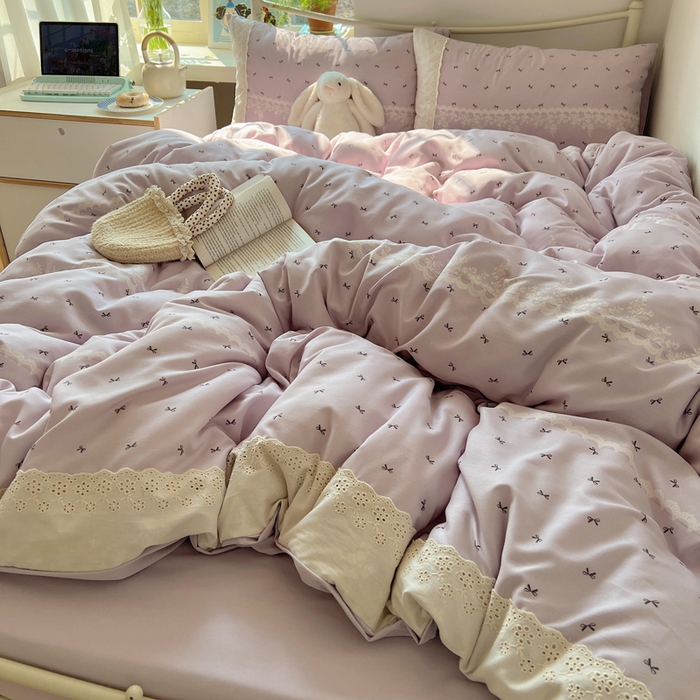 91家纺网 家纺一手货源 找家纺 慕澄家纺 2026新款双层纱针织棉蕾丝花边四件套 蕾丝蝴蝶结