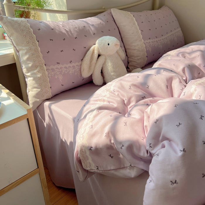 91家纺网 家纺一手货源 找家纺 慕澄家纺 2026新款双层纱针织棉蕾丝花边四件套 蕾丝蝴蝶结