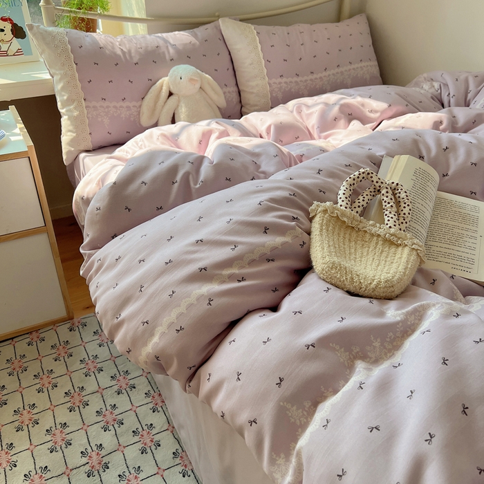 91家纺网 家纺一手货源 找家纺 慕澄家纺 2026新款双层纱针织棉蕾丝花边四件套 蕾丝蝴蝶结