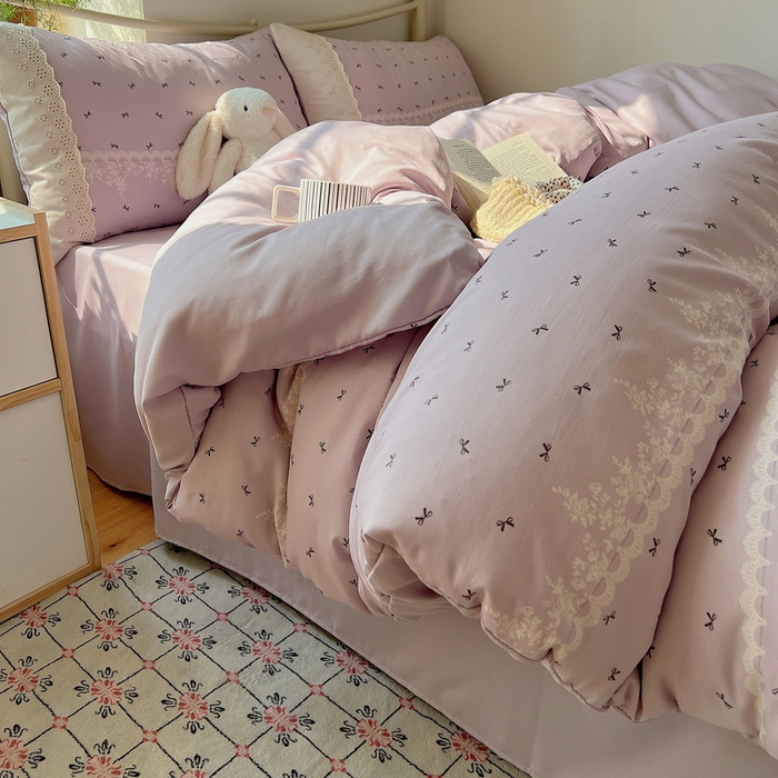 91家纺网 家纺一手货源 找家纺 慕澄家纺 2026新款双层纱针织棉蕾丝花边四件套 蕾丝蝴蝶结