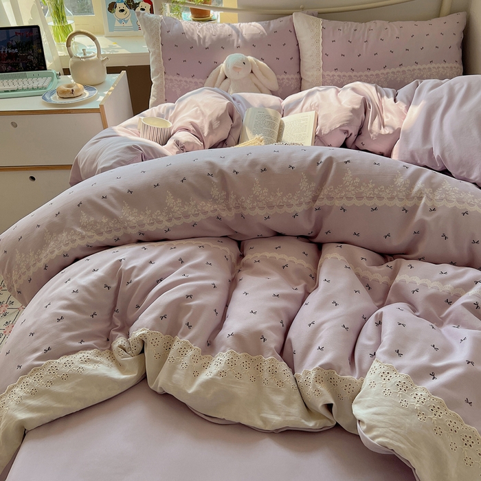 91家纺网 家纺一手货源 找家纺 慕澄家纺 2026新款双层纱针织棉蕾丝花边四件套 蕾丝蝴蝶结