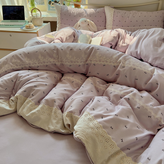 91家纺网 家纺一手货源 找家纺 慕澄家纺 2026新款双层纱针织棉蕾丝花边四件套 蕾丝蝴蝶结