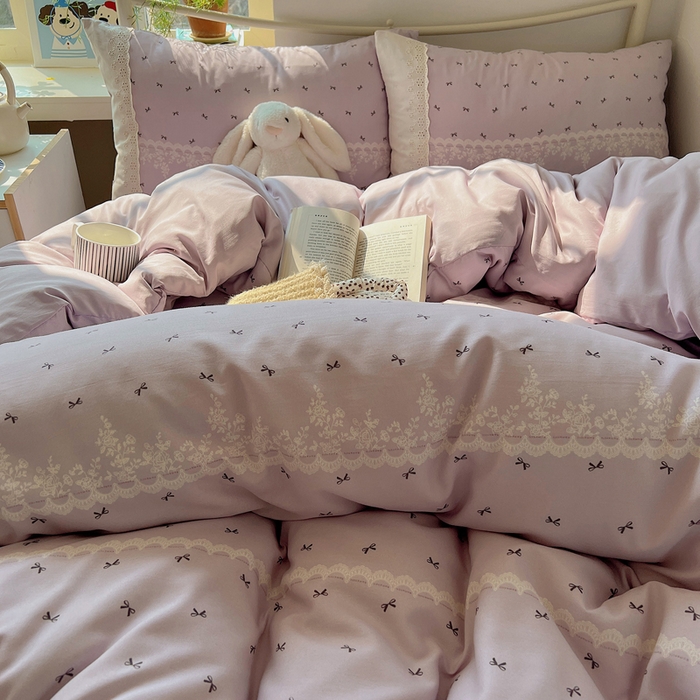 91家纺网 家纺一手货源 找家纺 慕澄家纺 2026新款双层纱针织棉蕾丝花边四件套 蕾丝蝴蝶结