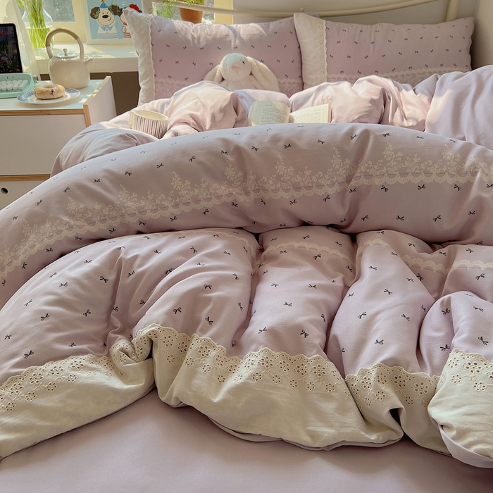 91家纺网 家纺一手货源 找家纺 慕澄家纺 2026新款双层纱针织棉蕾丝花边四件套 蕾丝蝴蝶结