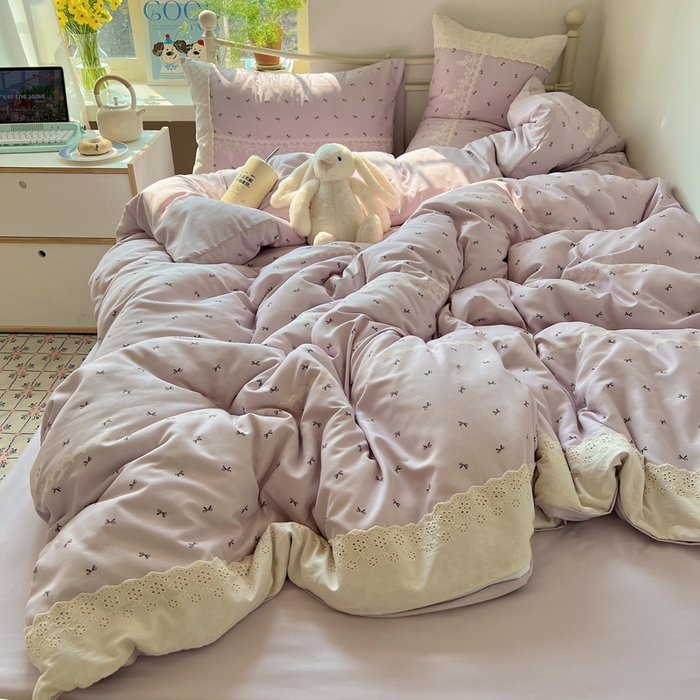 91家纺网 家纺一手货源 找家纺 慕澄家纺 2026新款双层纱针织棉蕾丝花边四件套 蕾丝蝴蝶结