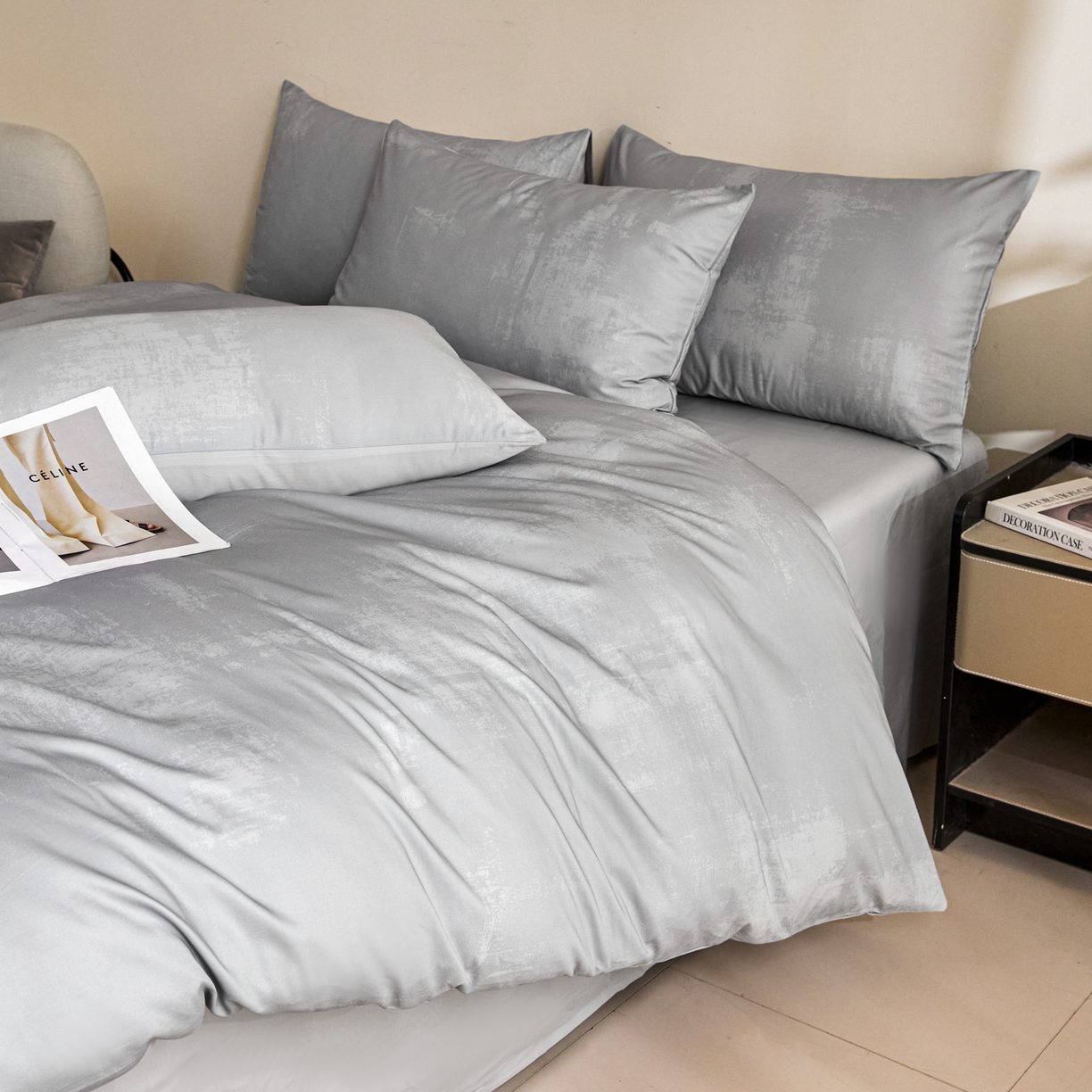 91家纺网 家纺一手货源 找家纺 新方向 【控价】2026年数码印花50s双股全棉纯棉贡缎长绒棉四件套-涂鸦日记 涂鸦日记-爵士灰