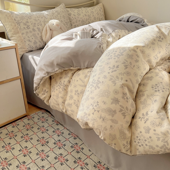 慕澄家纺 2026新款双层纱针织棉蕾丝花边四件套 清新花香