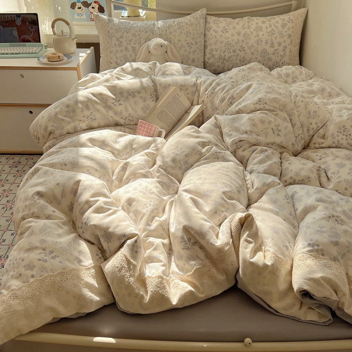 91家纺网 家纺一手货源 找家纺 慕澄家纺 2026新款双层纱针织棉蕾丝花边四件套 清新花香