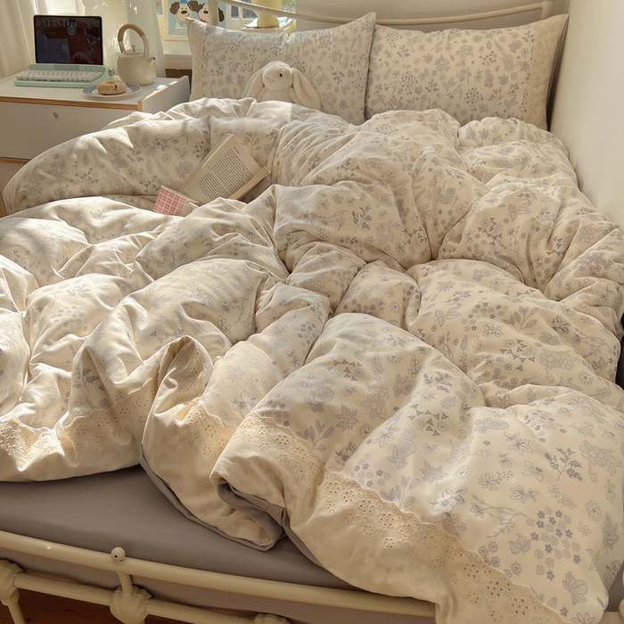 91家纺网 家纺一手货源 找家纺 慕澄家纺 2026新款双层纱针织棉蕾丝花边四件套 清新花香