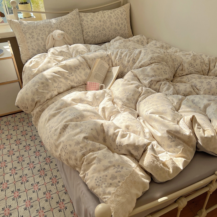 91家纺网 家纺一手货源 找家纺 慕澄家纺 2026新款双层纱针织棉蕾丝花边四件套 清新花香