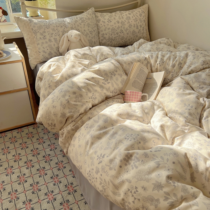 91家纺网 家纺一手货源 找家纺 慕澄家纺 2026新款双层纱针织棉蕾丝花边四件套 清新花香