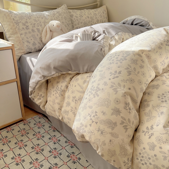 91家纺网 家纺一手货源 找家纺 慕澄家纺 2026新款双层纱针织棉蕾丝花边四件套 清新花香