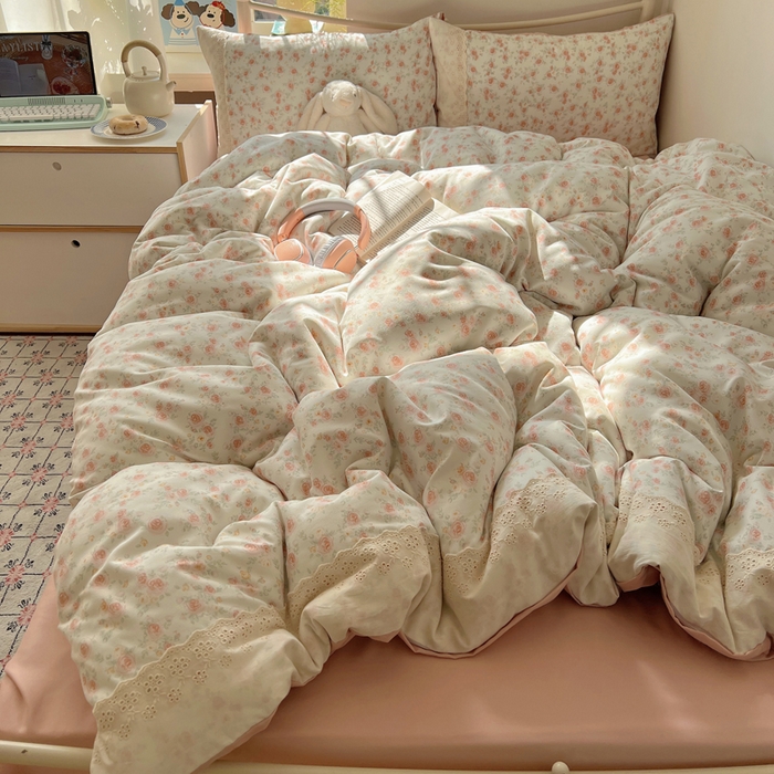 91家纺网 家纺一手货源 找家纺 慕澄家纺 2026新款双层纱针织棉蕾丝花边四件套 温婉