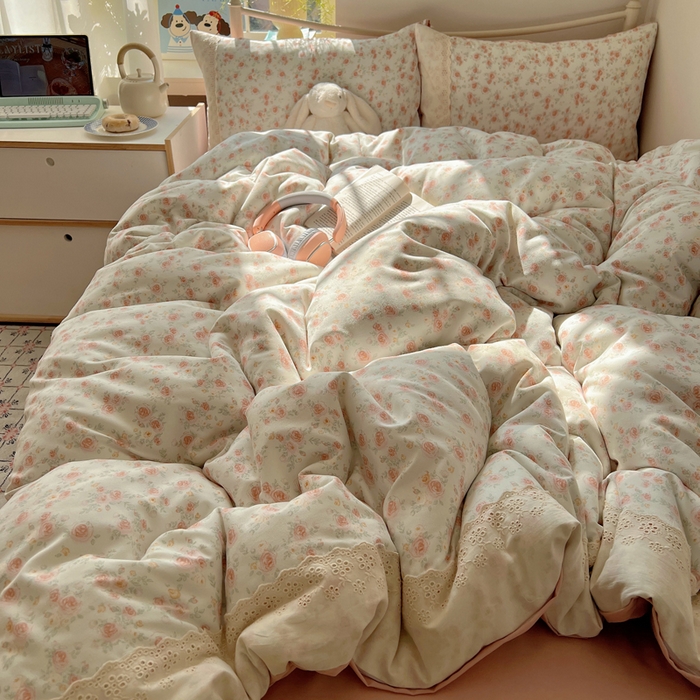 91家纺网 家纺一手货源 找家纺 慕澄家纺 2026新款双层纱针织棉蕾丝花边四件套 温婉