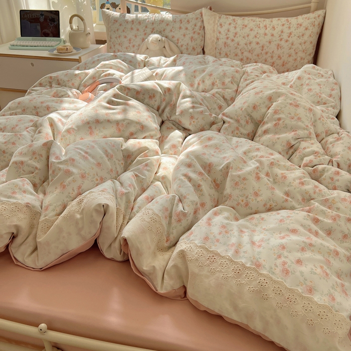 91家纺网 家纺一手货源 找家纺 慕澄家纺 2026新款双层纱针织棉蕾丝花边四件套 温婉