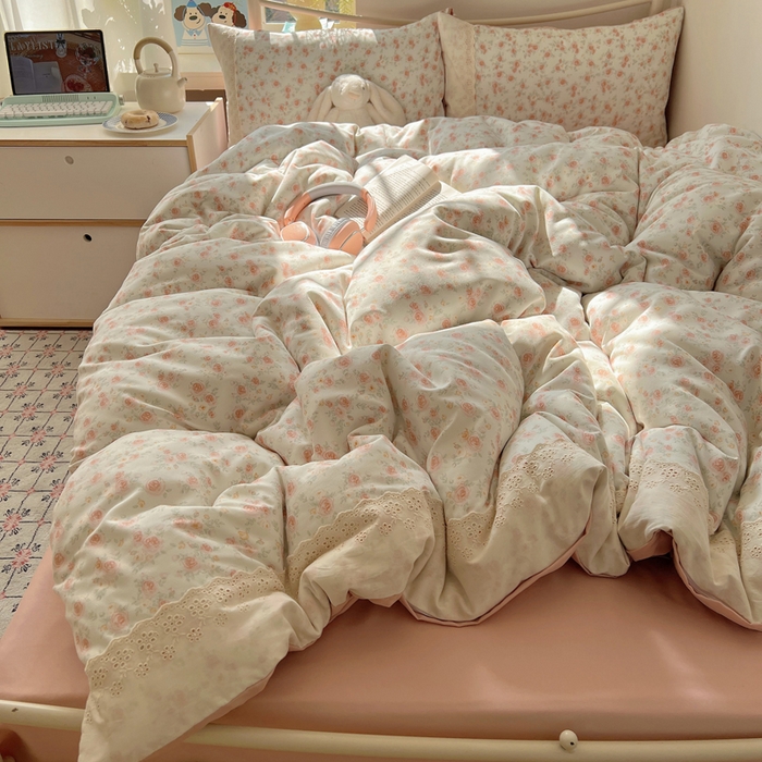 91家纺网 家纺一手货源 找家纺 慕澄家纺 2026新款双层纱针织棉蕾丝花边四件套 温婉