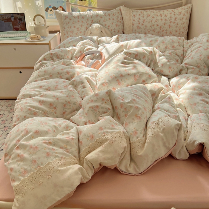 91家纺网 家纺一手货源 找家纺 慕澄家纺 2026新款双层纱针织棉蕾丝花边四件套 温婉