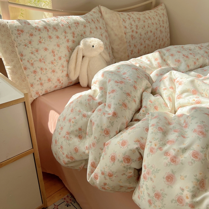 91家纺网 家纺一手货源 找家纺 慕澄家纺 2026新款双层纱针织棉蕾丝花边四件套 温婉