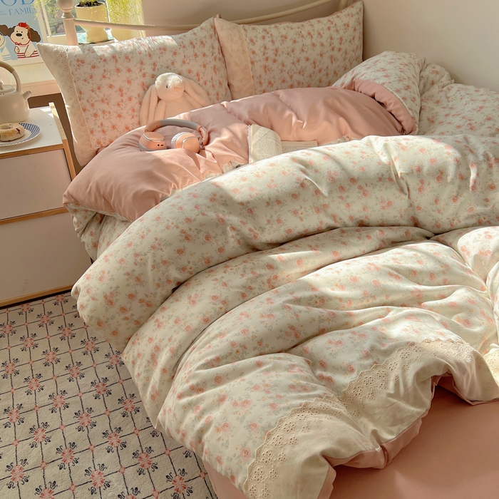 91家纺网 家纺一手货源 找家纺 慕澄家纺 2026新款双层纱针织棉蕾丝花边四件套 温婉