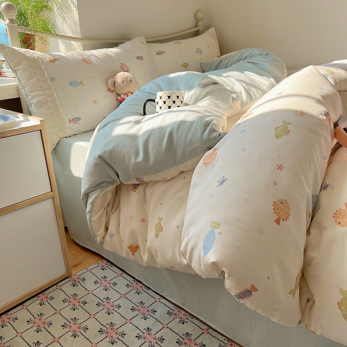 慕澄家纺 2026新款双层纱针织棉蕾丝花边四件套 小鱼吐泡泡