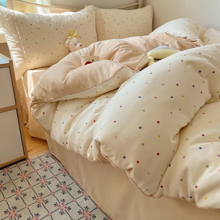 慕澄家纺 2026新款双层纱针织棉蕾丝花边四件套 小圆点