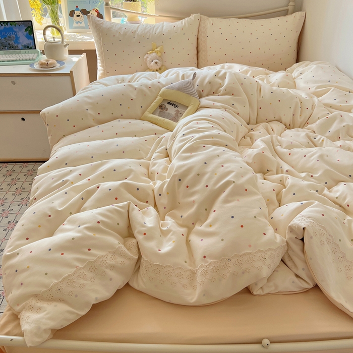 91家纺网 家纺一手货源 找家纺 慕澄家纺 2026新款双层纱针织棉蕾丝花边四件套 小圆点