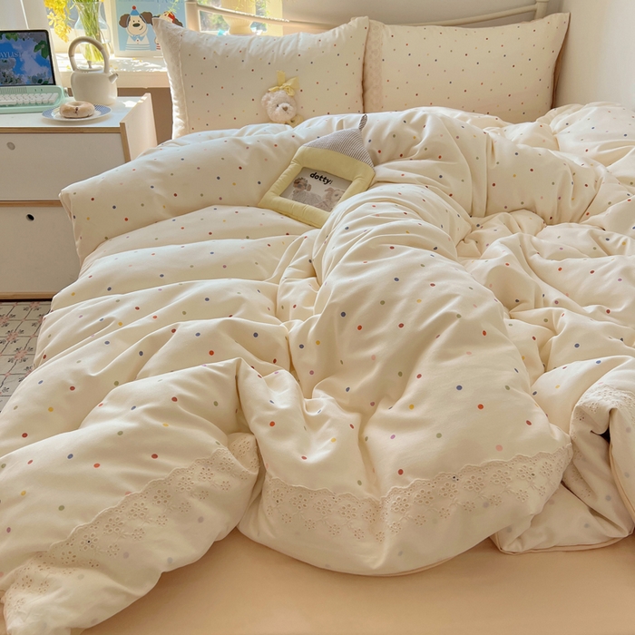 91家纺网 家纺一手货源 找家纺 慕澄家纺 2026新款双层纱针织棉蕾丝花边四件套 小圆点