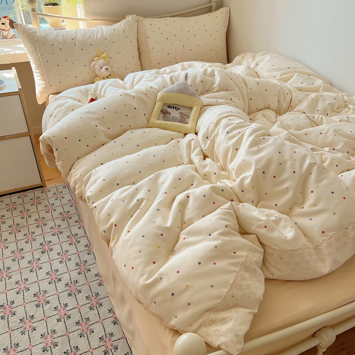 91家纺网 家纺一手货源 找家纺 慕澄家纺 2026新款双层纱针织棉蕾丝花边四件套 小圆点