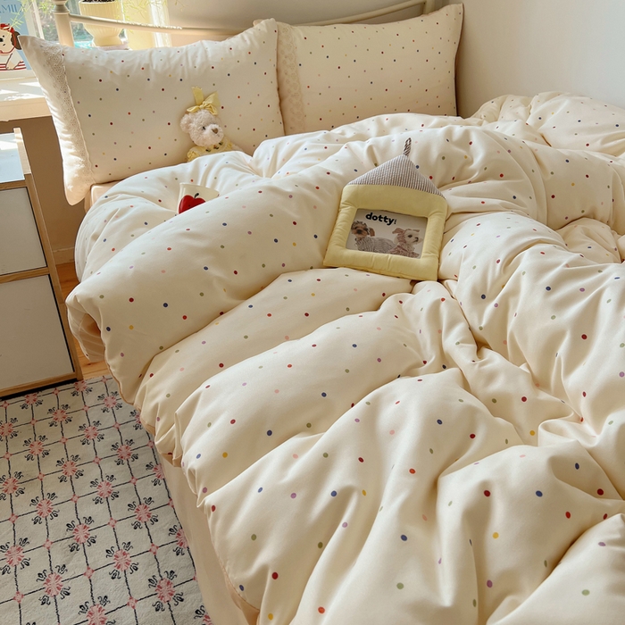 91家纺网 家纺一手货源 找家纺 慕澄家纺 2026新款双层纱针织棉蕾丝花边四件套 小圆点