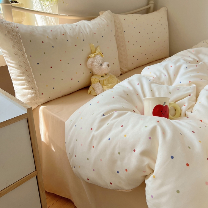 91家纺网 家纺一手货源 找家纺 慕澄家纺 2026新款双层纱针织棉蕾丝花边四件套 小圆点