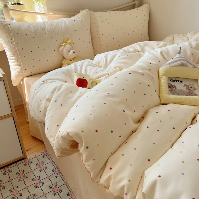 91家纺网 家纺一手货源 找家纺 慕澄家纺 2026新款双层纱针织棉蕾丝花边四件套 小圆点