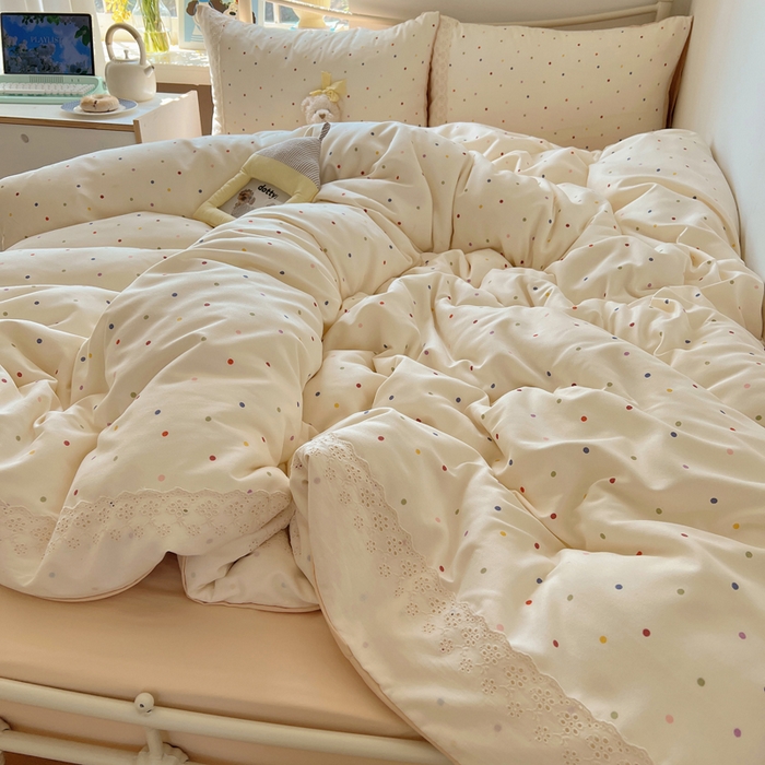 91家纺网 家纺一手货源 找家纺 慕澄家纺 2026新款双层纱针织棉蕾丝花边四件套 小圆点