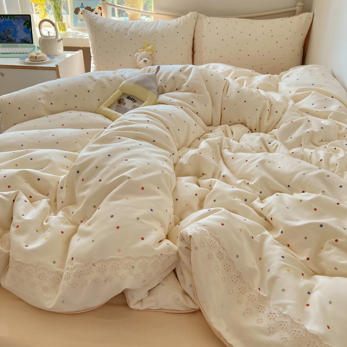 91家纺网 家纺一手货源 找家纺 慕澄家纺 2026新款双层纱针织棉蕾丝花边四件套 小圆点