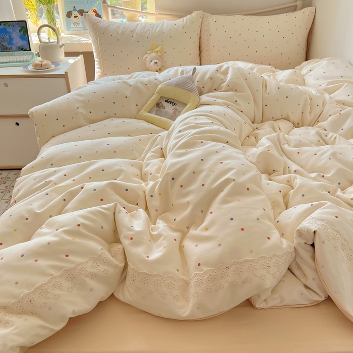 91家纺网 家纺一手货源 找家纺 慕澄家纺 2026新款双层纱针织棉蕾丝花边四件套 小圆点