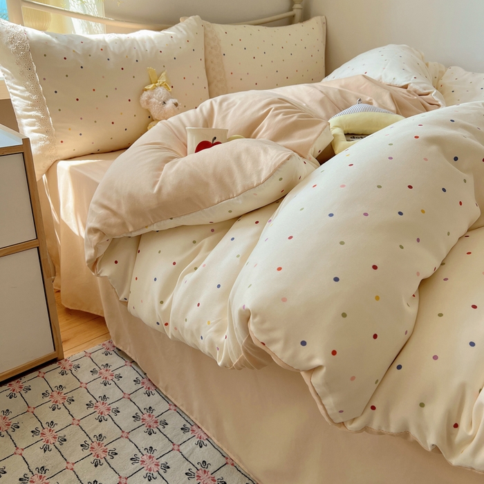 91家纺网 家纺一手货源 找家纺 慕澄家纺 2026新款双层纱针织棉蕾丝花边四件套 小圆点