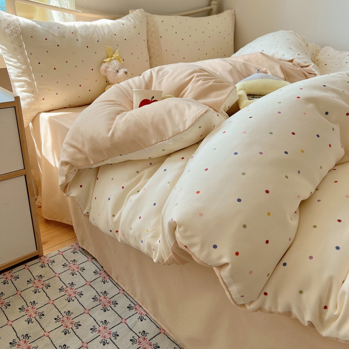 91家纺网 家纺一手货源 找家纺 慕澄家纺 2026新款双层纱针织棉蕾丝花边四件套 小圆点