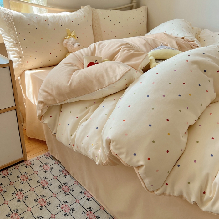 91家纺网 家纺一手货源 找家纺 慕澄家纺 2026新款双层纱针织棉蕾丝花边四件套 小圆点