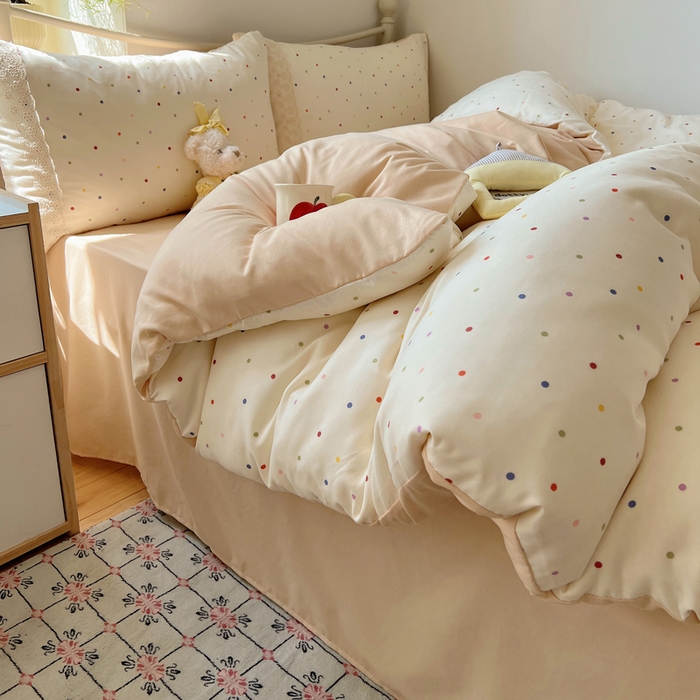 91家纺网 家纺一手货源 找家纺 慕澄家纺 2026新款双层纱针织棉蕾丝花边四件套 小圆点