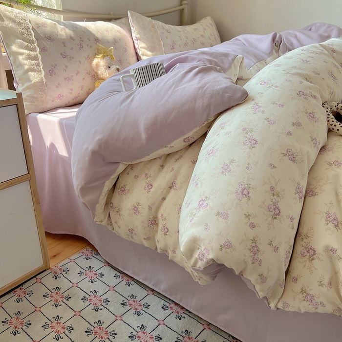 慕澄家纺 2026新款双层纱针织棉蕾丝花边四件套 小紫花