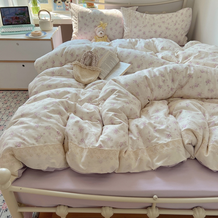 91家纺网 家纺一手货源 找家纺 慕澄家纺 2026新款双层纱针织棉蕾丝花边四件套 小紫花