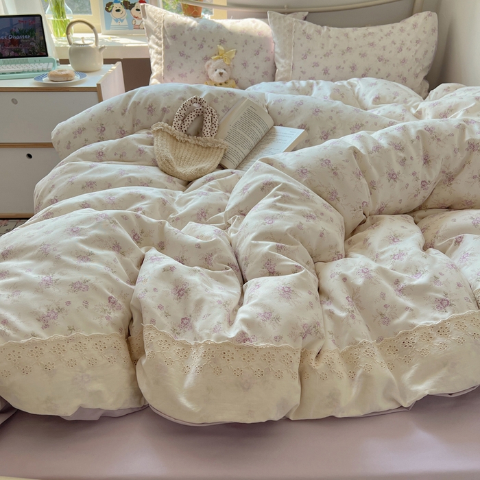 91家纺网 家纺一手货源 找家纺 慕澄家纺 2026新款双层纱针织棉蕾丝花边四件套 小紫花