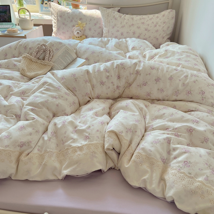 91家纺网 家纺一手货源 找家纺 慕澄家纺 2026新款双层纱针织棉蕾丝花边四件套 小紫花