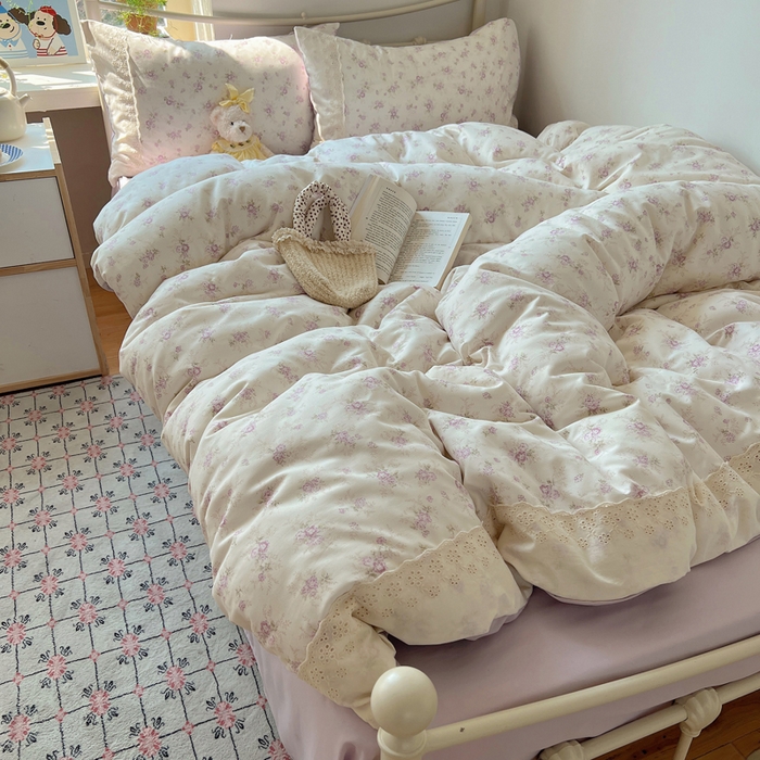 91家纺网 家纺一手货源 找家纺 慕澄家纺 2026新款双层纱针织棉蕾丝花边四件套 小紫花